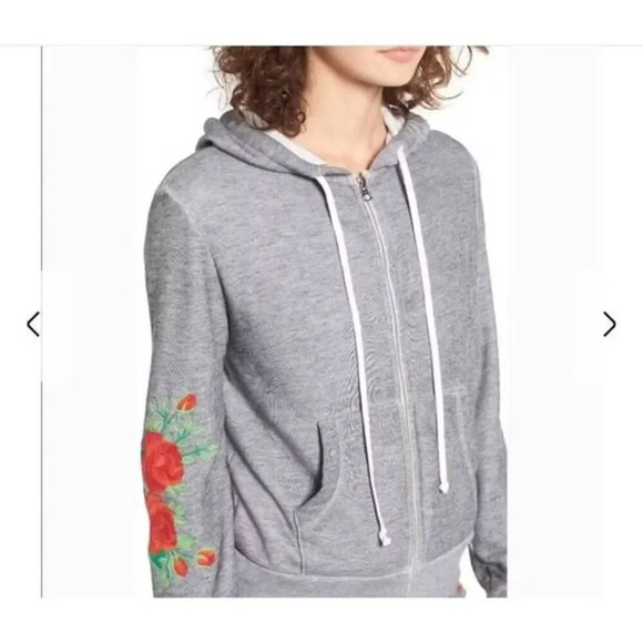 NEW Wildfox Gray Red Rose Embroidered Full Zip Jacket S - Picture 1 of 9